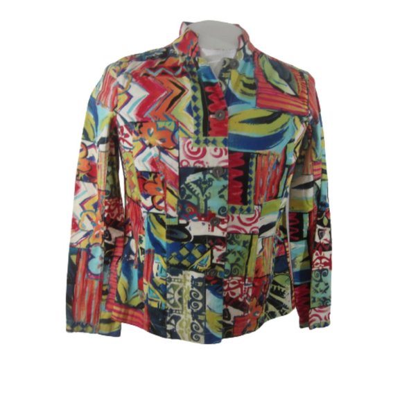Chico's Women Jacket sz 1 colorful vtg high collar Nehru fitted cotton abstract - Picture 1 of 11